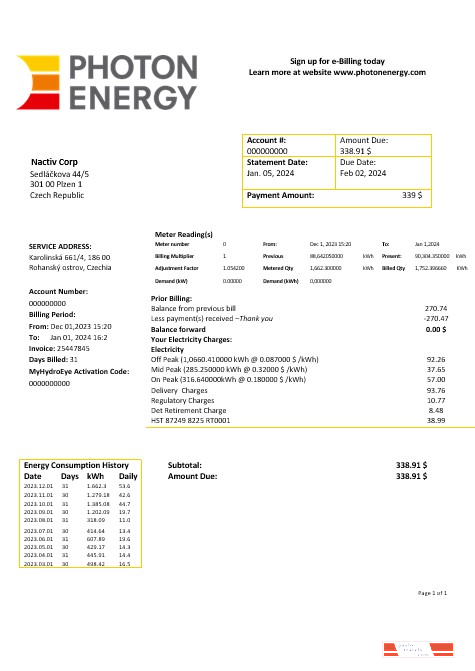 Czech Republic Photon Energy business utility bill template in Word and pdf formats